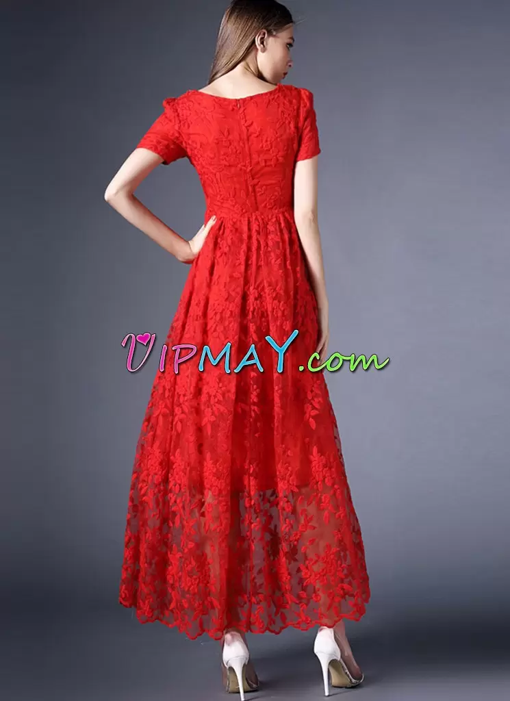 Elegant Ankle Length Red Homecoming Dress Lace Short Sleeves Lace