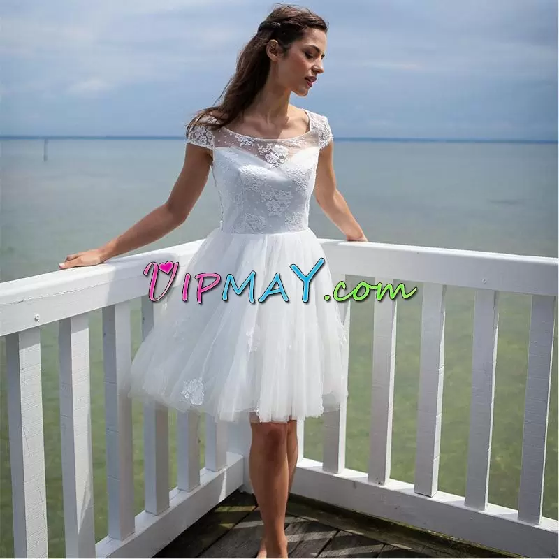 White Tulle Backless Scoop Cap Sleeves Mini Length Prom Dress Beading and Appliques