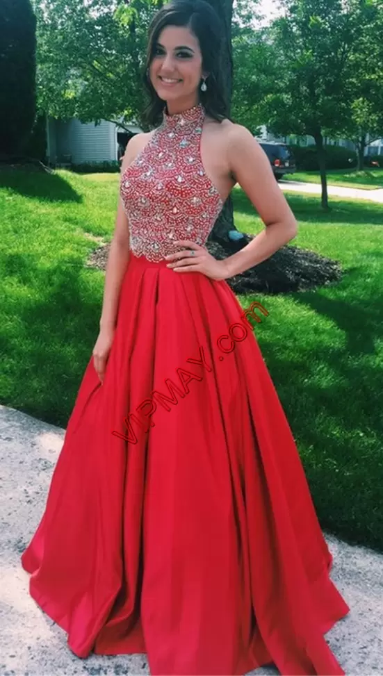 Dramatic Red Lace Up Halter Top Beading and Lace Homecoming Gowns Satin Sleeveless Sweep Train