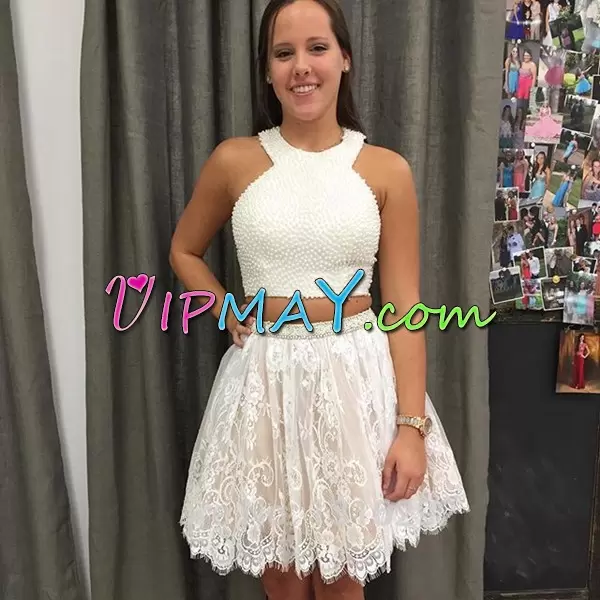 short prom dress,short lace prom dress,two pieces short prom dress,mini length prom dress,short lace homecoming dress,white prom dress,white homecoming dress,2 piece homecoming dress,halter top short prom dress,halter top homecoming dress,