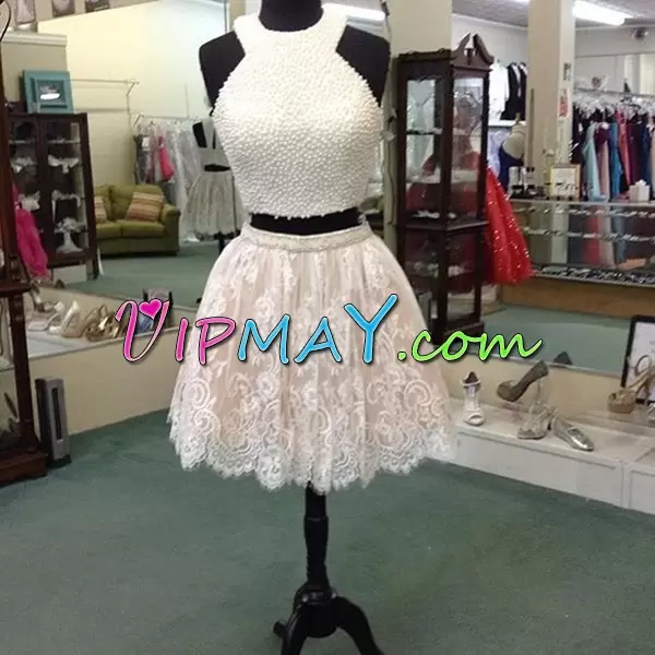 short prom dress,short lace prom dress,two pieces short prom dress,mini length prom dress,short lace homecoming dress,white prom dress,white homecoming dress,2 piece homecoming dress,halter top short prom dress,halter top homecoming dress,