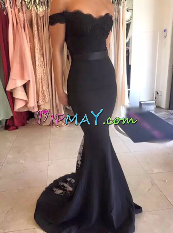 Beautiful Navy Blue Mermaid Off The Shoulder Short Sleeves Satin Floor Length Lace Dress for Prom