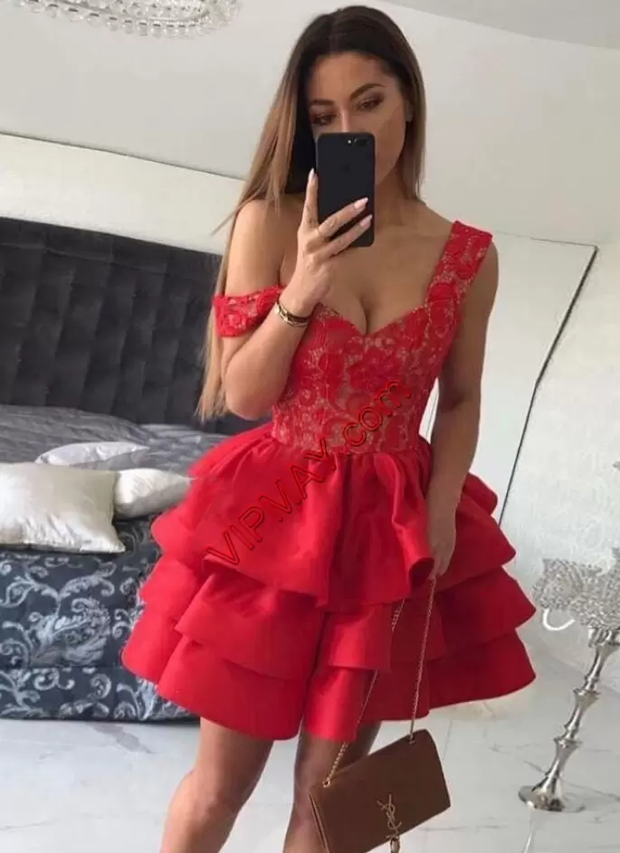 Fashion Red Satin Zipper Off The Shoulder Sleeveless Mini Length Prom Evening Gown Lace