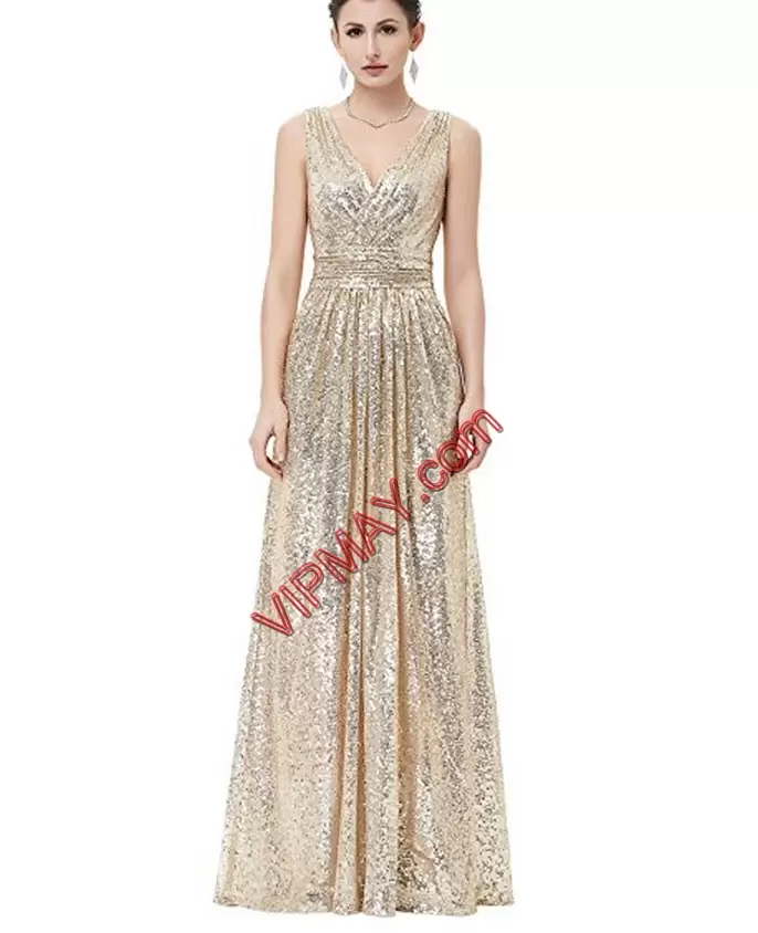 Stylish Champagne V-neck Ruching Prom Party Dress Satin Sleeveless