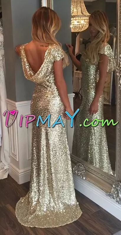 Glittering Sequined Short Sleeves Floor Length Prom Party Dress and Beading