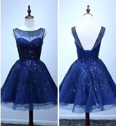 Sleeveless Sequined Mini Length Prom Dresses in Royal Blue with Sequins