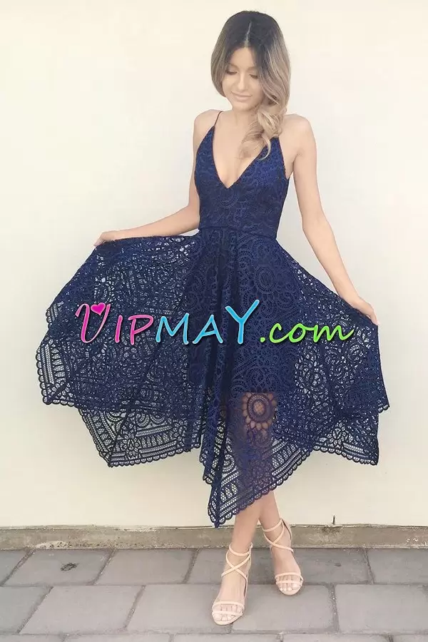 Unique Asymmetrical Empire Sleeveless Navy Blue Prom Gown