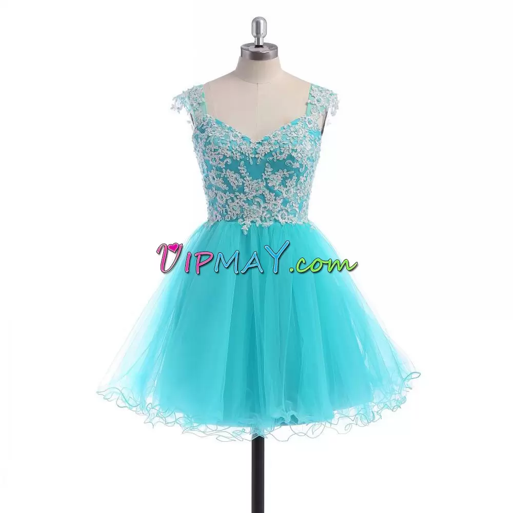 Cheap Knee Length Blue Prom Homecoming Dress Tulle Cap Sleeves Appliques