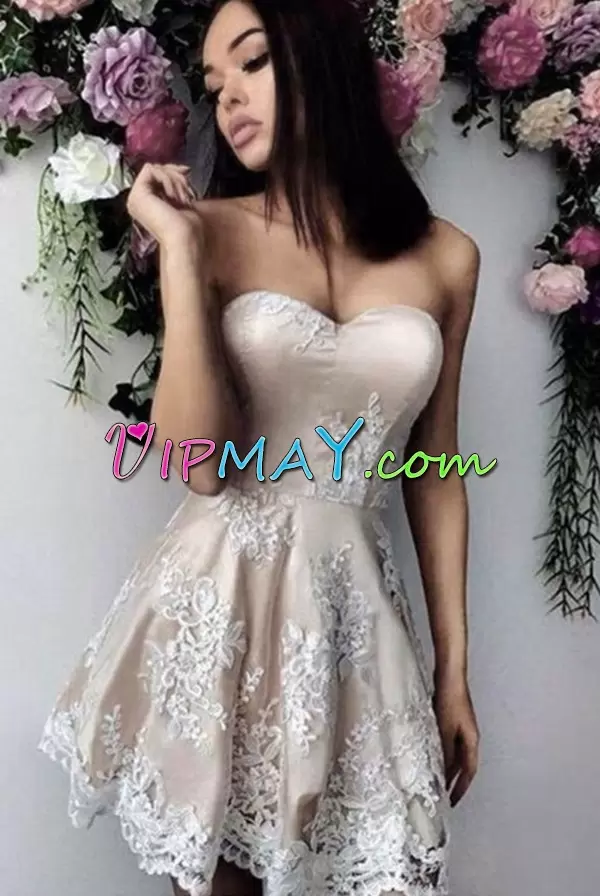 Custom Fit Sweetheart Sleeveless Lace Up Prom Party Dress Champagne Satin Appliques