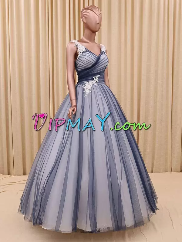Floor Length A-line Sleeveless Navy Blue and White And Black Prom Party Dress Lace Up