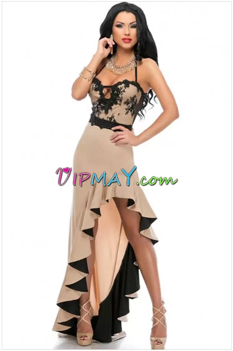 sexy long prom dress for women,prom dress with spaghetti straps,champagne and black prom dress,sheer back prom dress,high low halter prom dress,high low hemline prom dress,high low prom dress online,fitted high low prom dress,ruffled skirt prom dress,