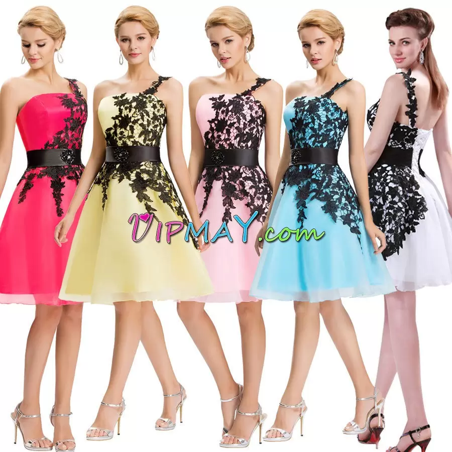 Pink A-line Appliques Prom Party Dress Lace Up Chiffon Sleeveless Mini Length