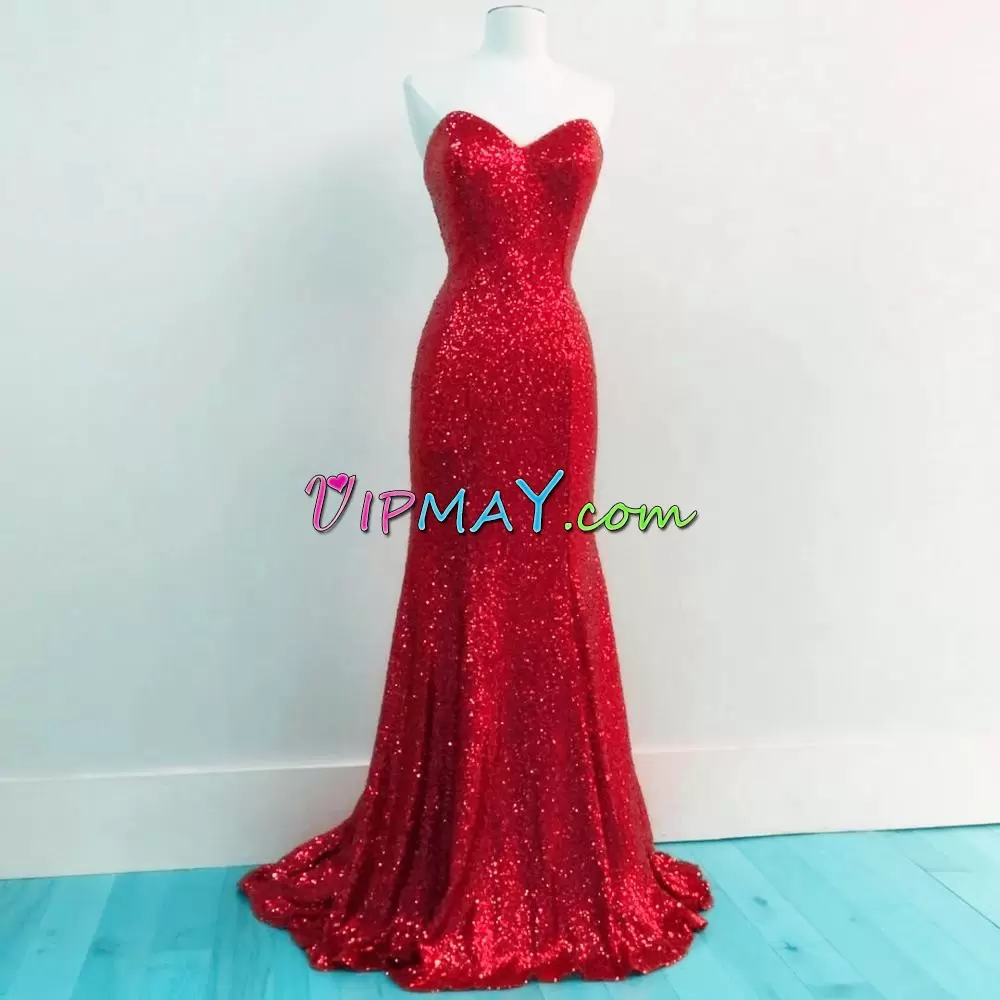 Custom Fit Sequins Prom Dress Red Lace Up Sleeveless Floor Length