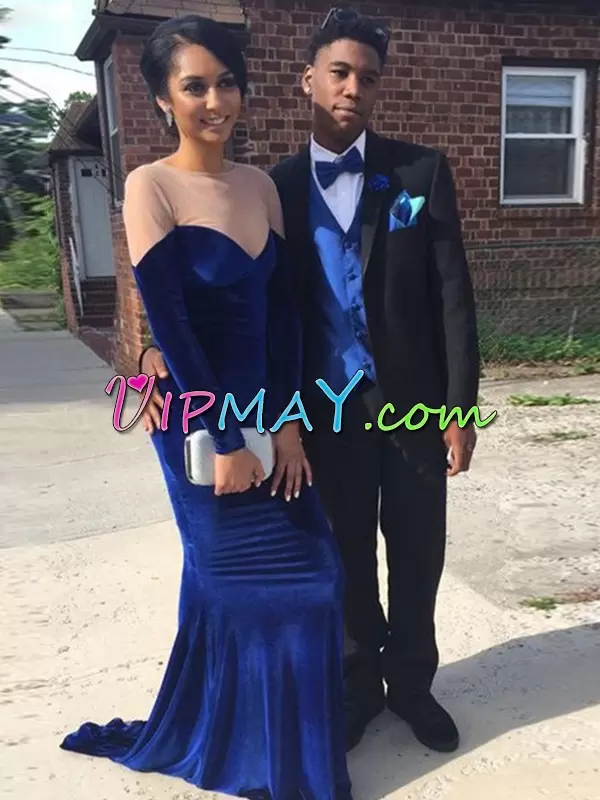 Most Popular Scoop Long Sleeves Prom Dresses Floor Length Ruching Royal Blue Elastic Woven Satin