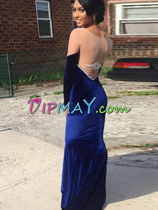 Most Popular Scoop Long Sleeves Prom Dresses Floor Length Ruching Royal Blue Elastic Woven Satin