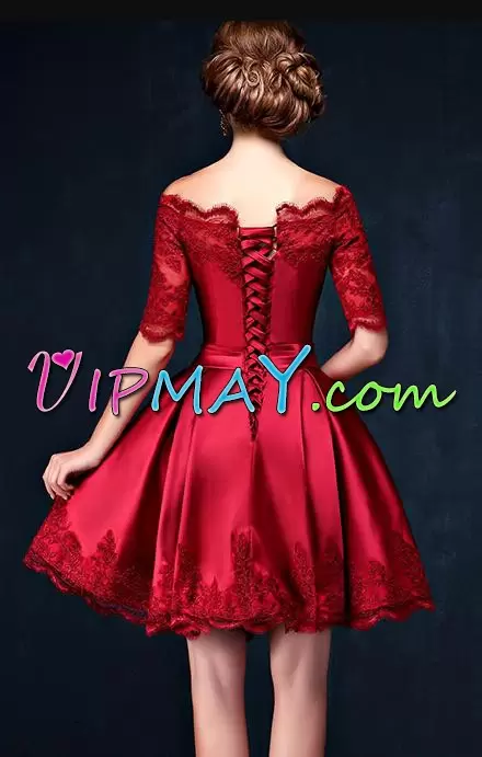 Wonderful Long Sleeves Mini Length Lace and Appliques Lace Up Prom Dress with Wine Red