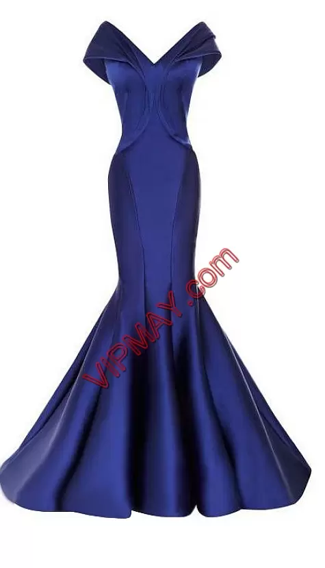 Flirting Royal Blue Zipper Prom Homecoming Dress Ruching Short Sleeves Floor Length