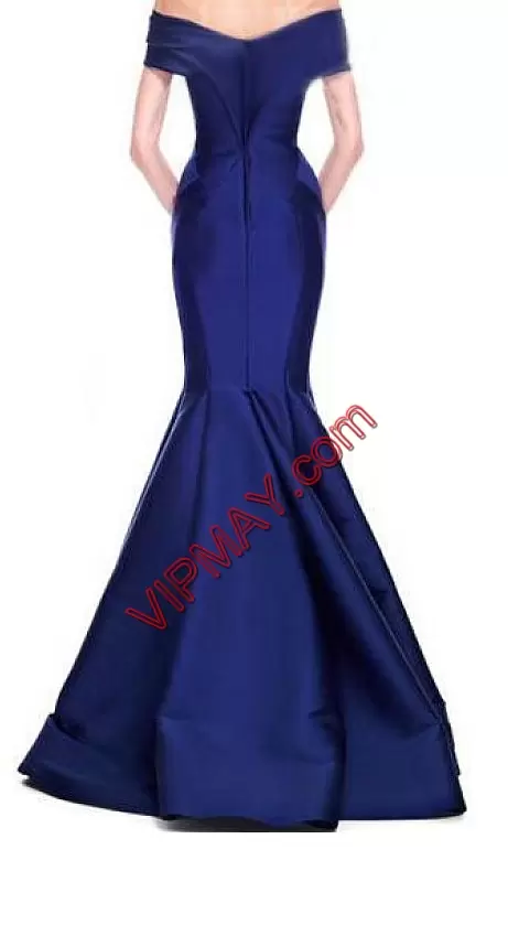 Flirting Royal Blue Zipper Prom Homecoming Dress Ruching Short Sleeves Floor Length