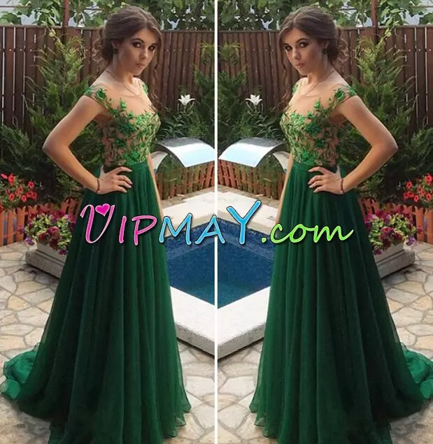 Green Lace Up Scoop Appliques and Embroidery Prom Dresses Chiffon and Tulle Cap Sleeves Brush Train