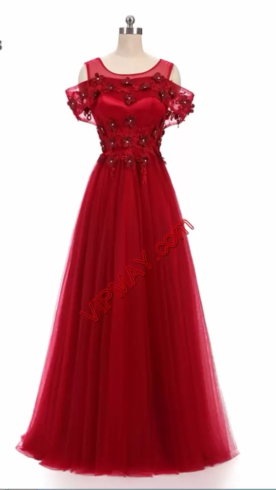 Best Selling A-line Formal Dresses Red Scoop Short Sleeves Floor Length Lace Up