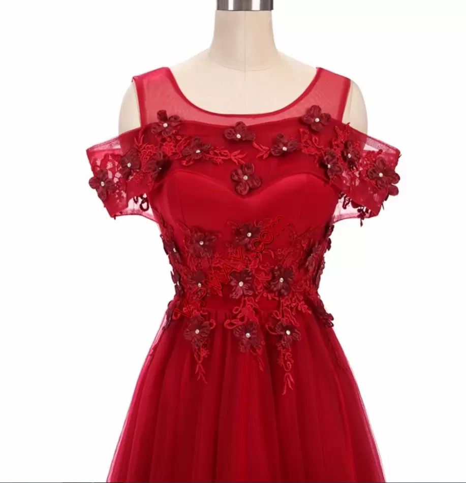 Best Selling A-line Formal Dresses Red Scoop Short Sleeves Floor Length Lace Up
