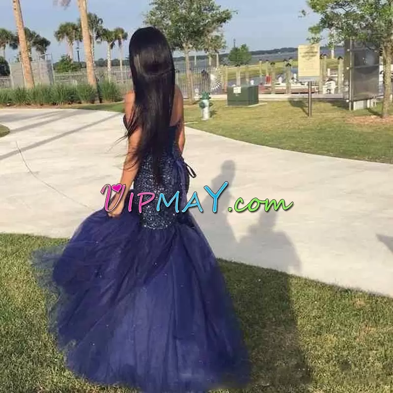 Exceptional Royal Blue Mermaid Organza Sweetheart Sleeveless Beading With Train Lace Up Prom Gown Sweep Train