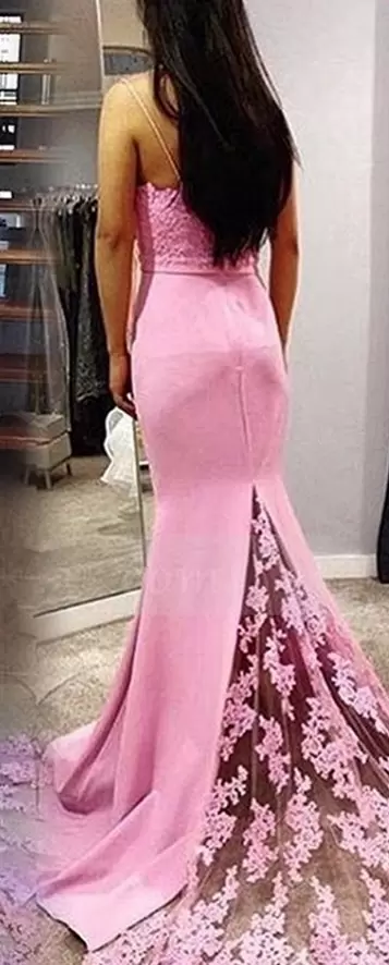 Pink Zipper Spaghetti Straps Lace and Appliques Prom Dresses Sleeveless Sweep Train