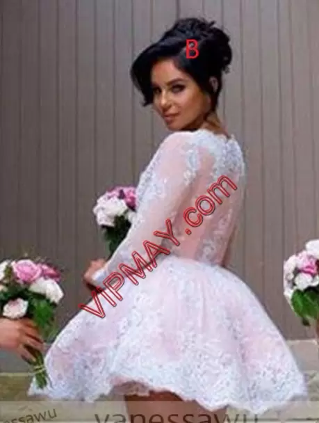 High Quality Ball Gowns Prom Dresses Orange Red Scoop Lace Long Sleeves Mini Length