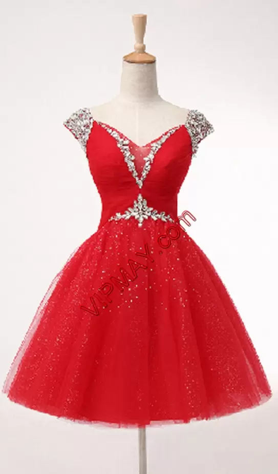 Red Prom Dresses Prom and Party and Military Ball with Beading Sweetheart Cap Sleeves Lace Up