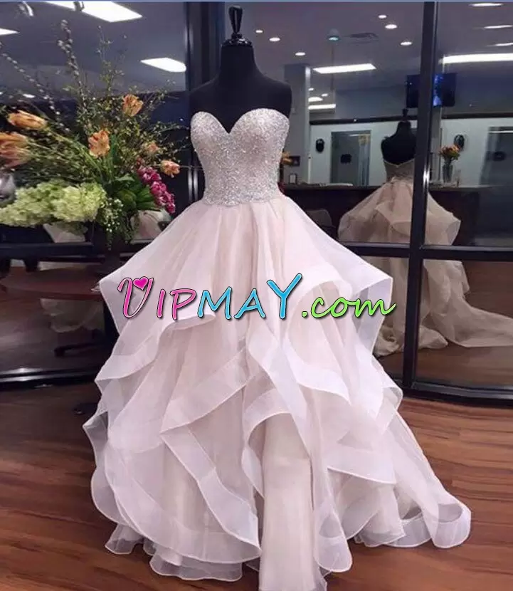 High Class Sleeveless Floor Length Lace Up Homecoming Dress Online in White with Beading and Ruffles