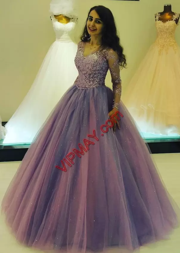 Purple Long Sleeves Floor Length Beading Lace Up Evening Dress V-neck