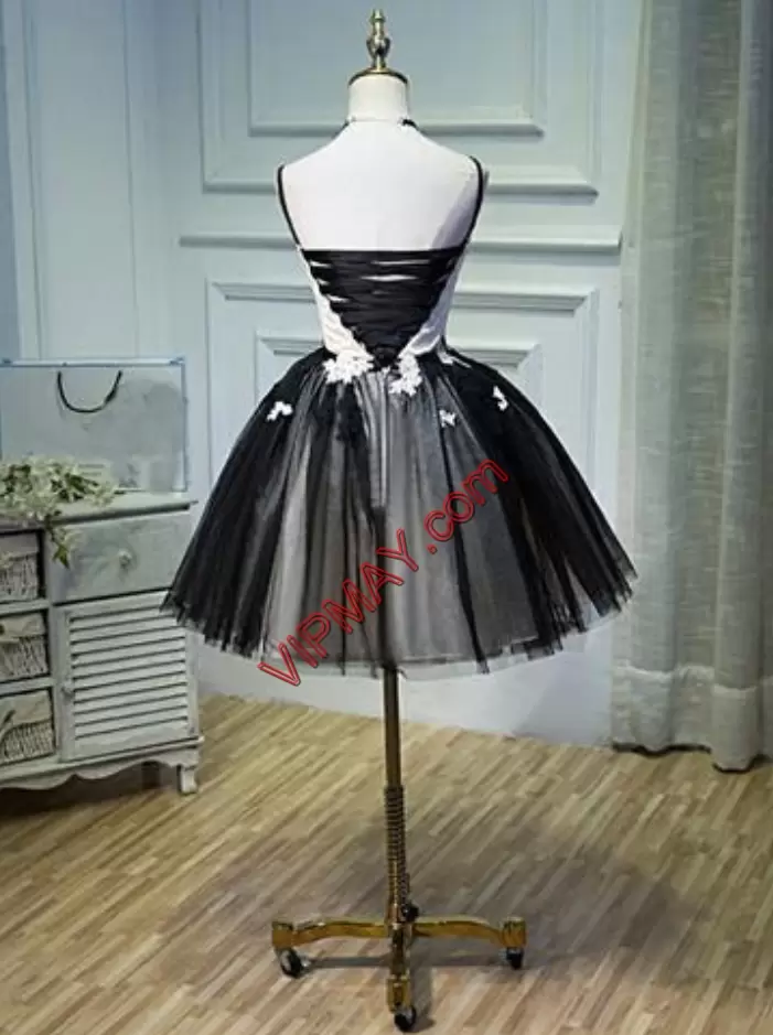 Black A-line Appliques Dress for Prom Lace Up Tulle Sleeveless Mini Length