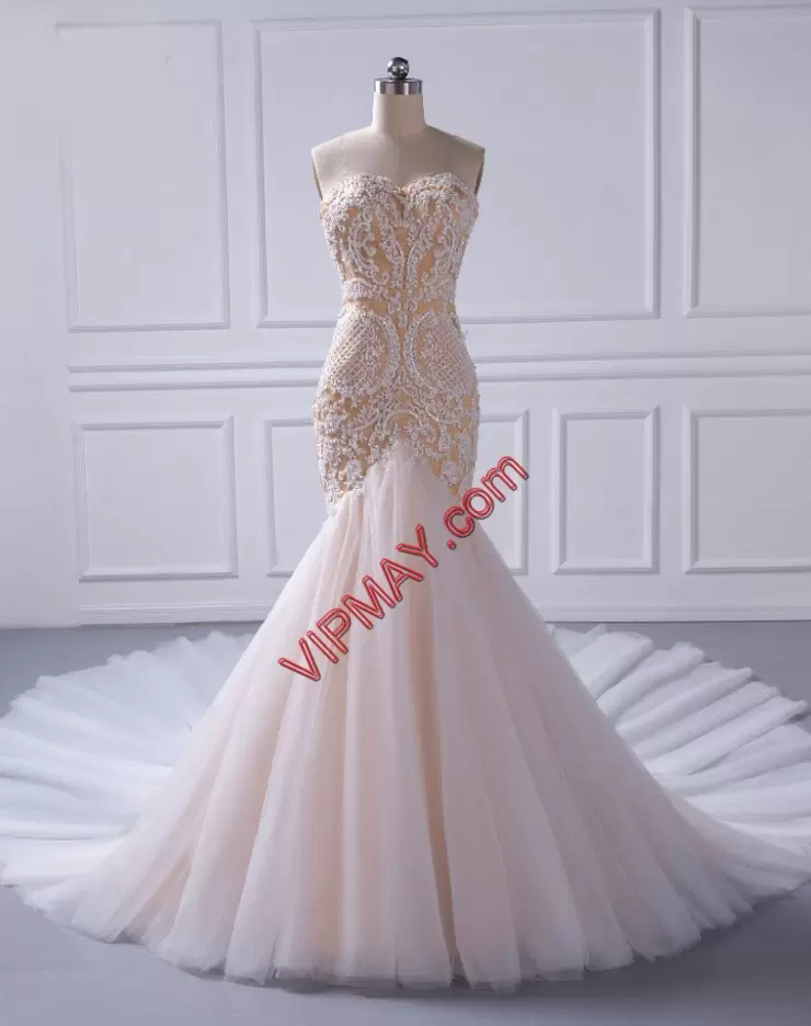 Dramatic Sweetheart Sleeveless Tulle Prom Party Dress Beading and Appliques Court Train Lace Up