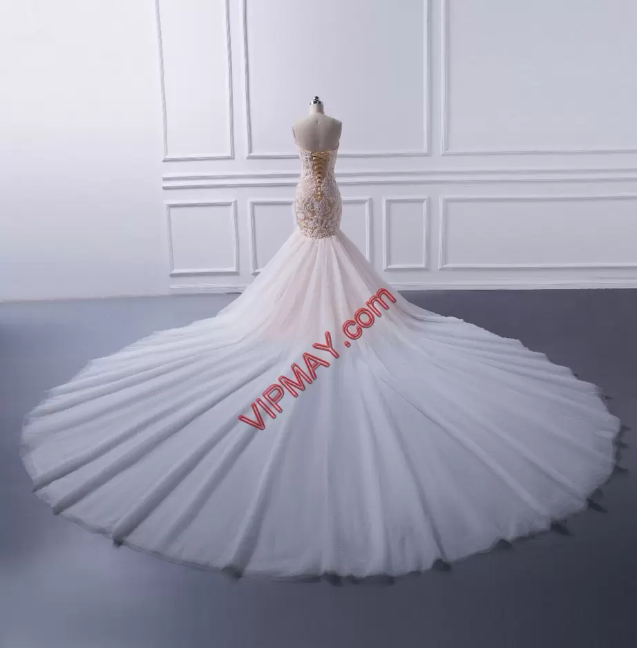 Dramatic Sweetheart Sleeveless Tulle Prom Party Dress Beading and Appliques Court Train Lace Up