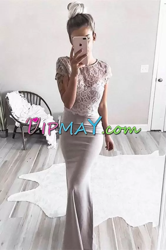 Best Grey Column Sheath Lace Homecoming Gowns Lace Up Satin Short Sleeves Floor Length