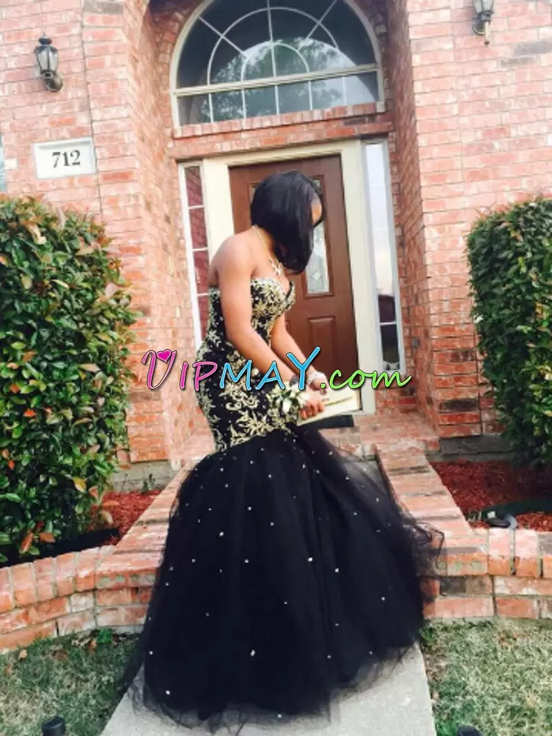 Black Sleeveless Sweep Train Beading and Lace Floor Length Evening Dress