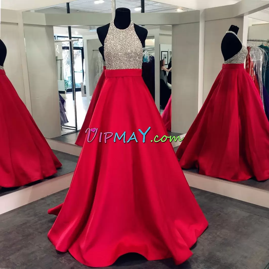 Red Halter Top Beading Homecoming Gowns Sleeveless