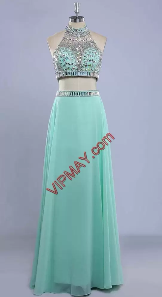 Apple Green Prom Gown Prom and Party with Beading Halter Top Sleeveless Backless