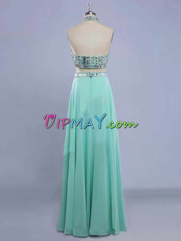 Apple Green Prom Gown Prom and Party with Beading Halter Top Sleeveless Backless