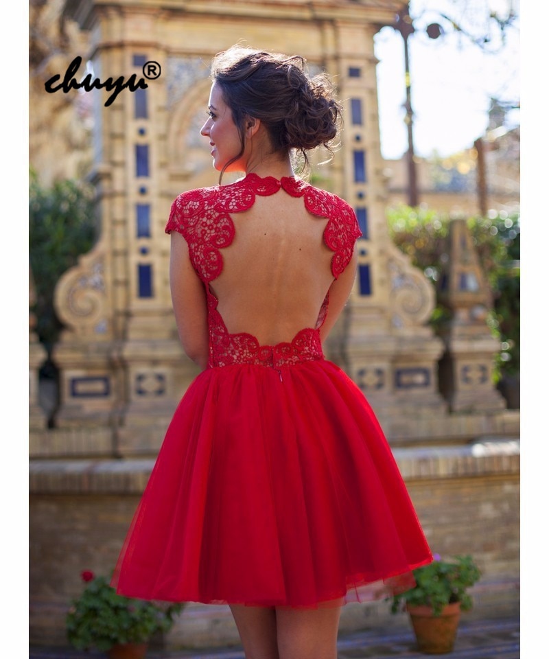 Mini Length Red Dress for Prom V-neck Cap Sleeves Backless