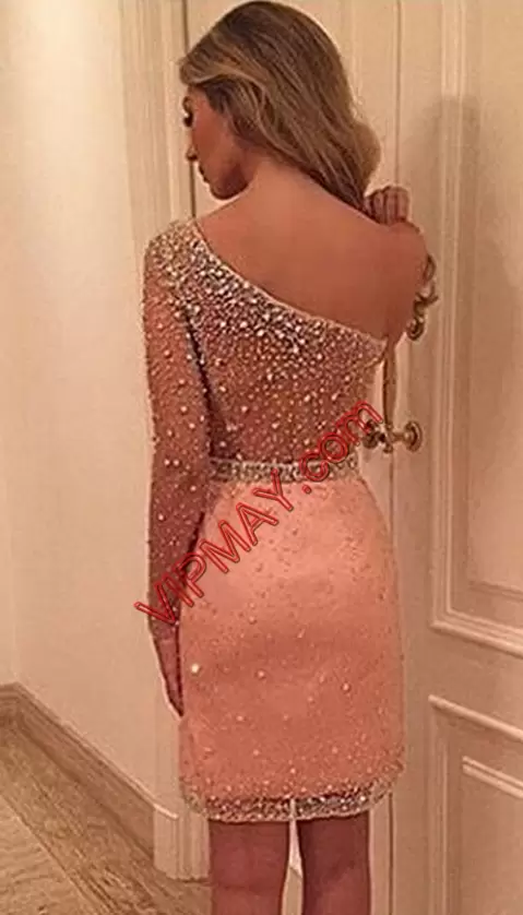 Long Sleeves One Shoulder Beading Backless Homecoming Gowns