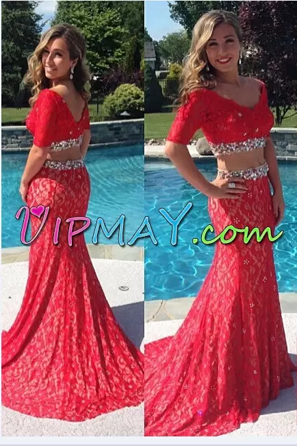 Lace V-neck Sleeveless Sweep Train Zipper Beading Hoco Dress in Red