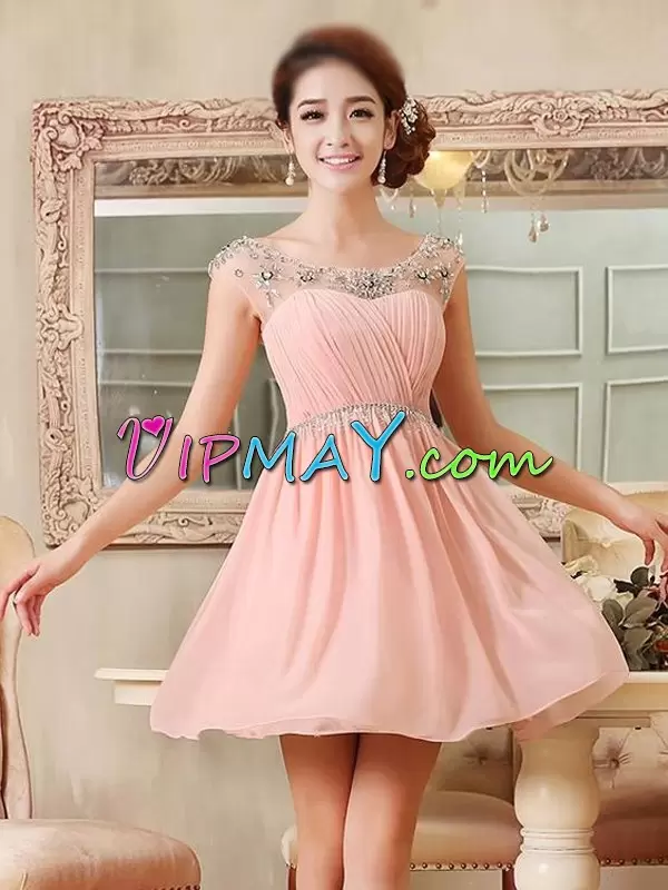 Pink A-line Scoop Cap Sleeves Chiffon Mini Length Lace Up Beading Prom Dresses