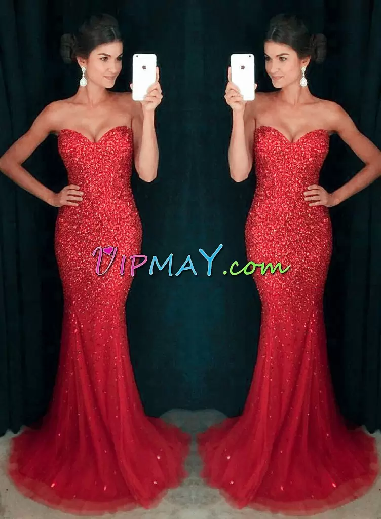 Enchanting Red Sweetheart Lace Up Beading and Lace Evening Outfits Sweep Train Sleeveless