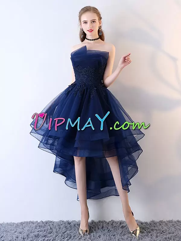 Navy Blue Strapless Neckline Lace and Appliques Homecoming Dress Online Sleeveless Backless