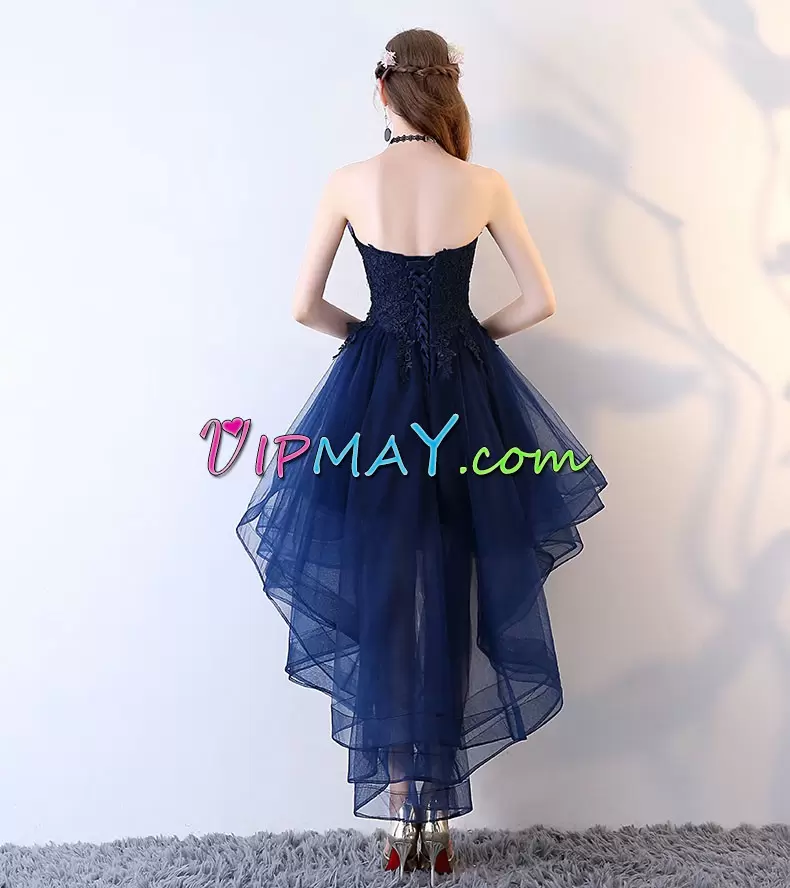 Navy Blue Strapless Neckline Lace and Appliques Homecoming Dress Online Sleeveless Backless