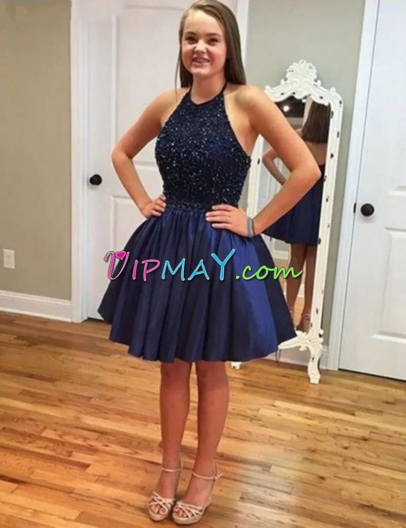 Knee Length Backless Prom Party Dress Navy Blue for Prom and Party and Military Ball with Beading