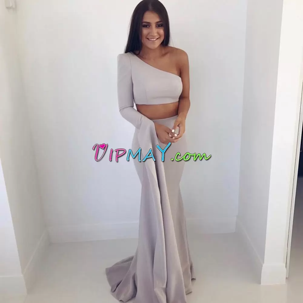 Floor Length Silver Hoco Dress One Shoulder Long Sleeves Zipper