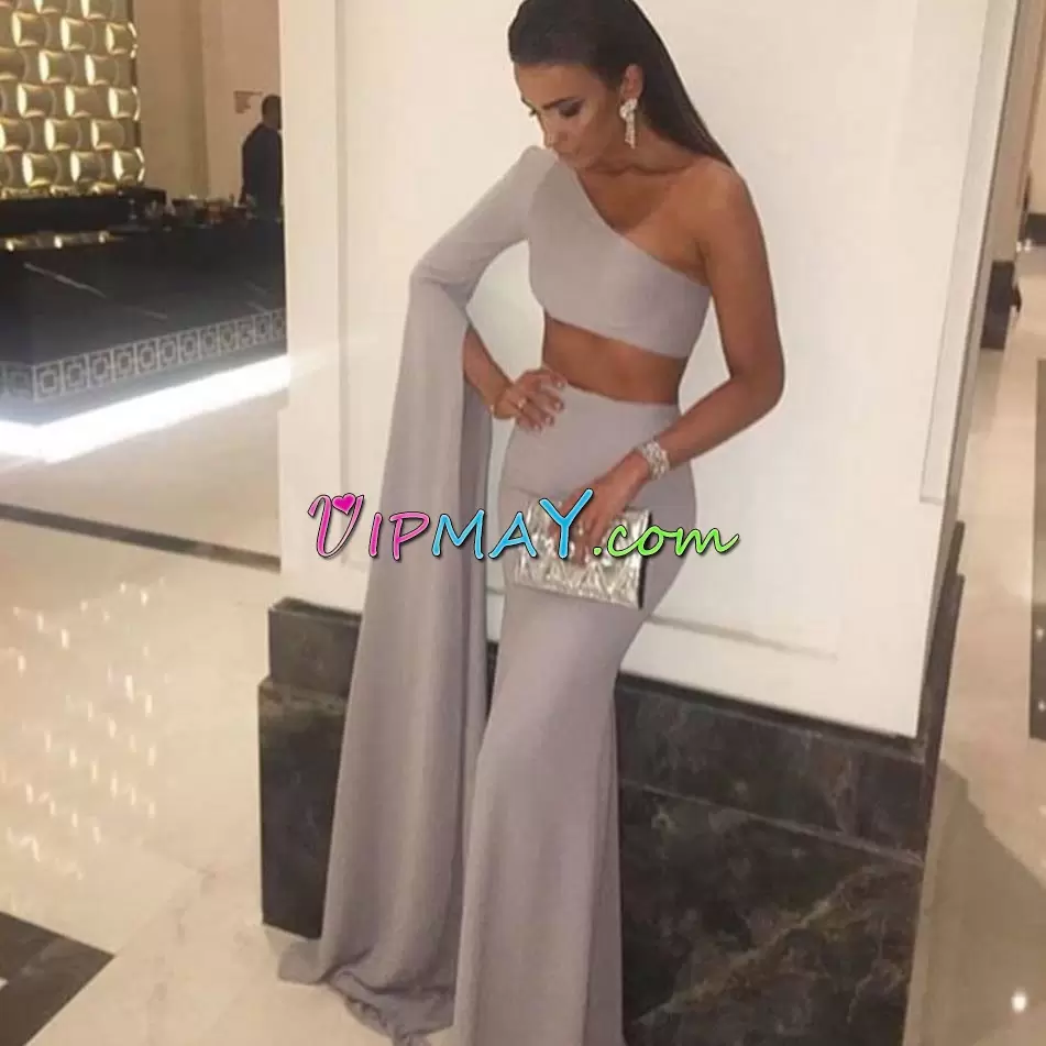 Floor Length Silver Hoco Dress One Shoulder Long Sleeves Zipper