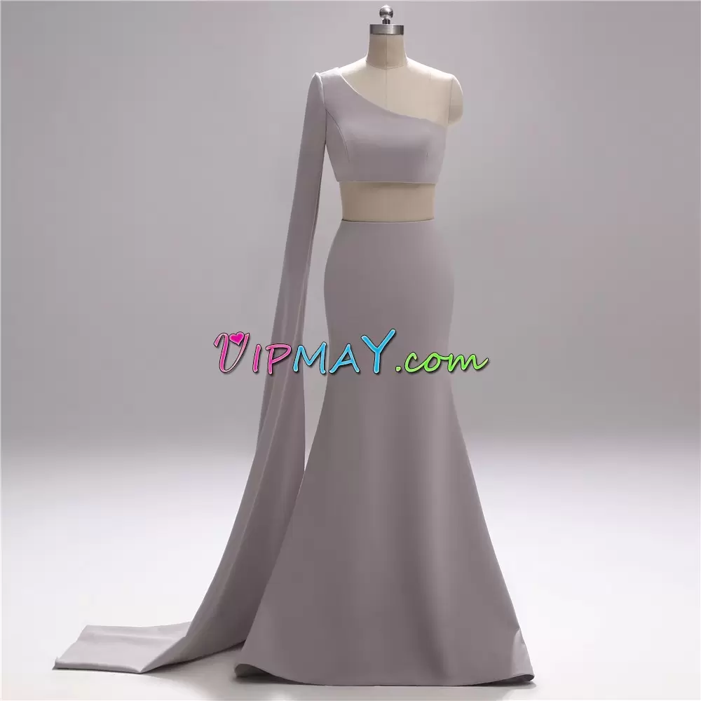 Floor Length Silver Hoco Dress One Shoulder Long Sleeves Zipper